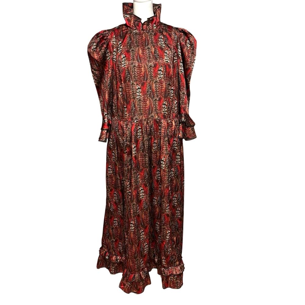 eShakti Plus Size 1X 16W 16 Feather Print Maxi Dress Ruffle High Neck